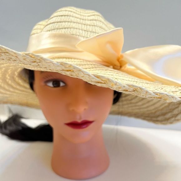Floppy Straw Sun Hat 5” w/ Silk Bow - Beige - Picture 8 of 8